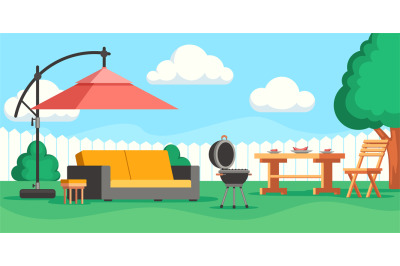 Backyard patio. Cartoon summer garden with lounge outdoor furniture an