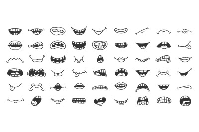 Doodle mouth. Funny cartoon pop art smile anger and scary face express