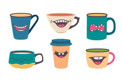 Cup with smile. Doodle mug with smiley mouth emotion, funny tea cup po