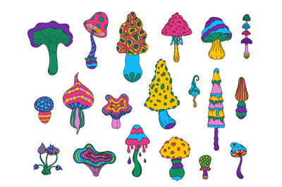 Psychedelic colored mushrooms. Doodle toadstool amanita chanterelle fa