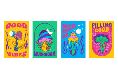 Hippie mushroom posters. Psychedelic acid trip groovy print with color