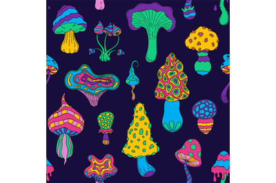 Acid mushrooms pattern. Seamless print of psychedelic trip colorful am