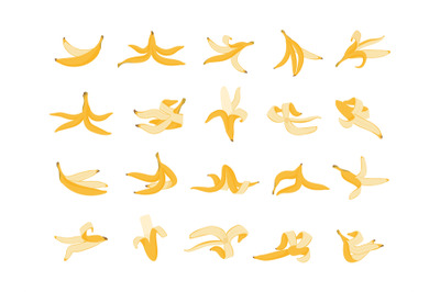 Banana peel. Cartoon organic waste template, colorful yellow flat bana