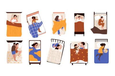 People under blanket. Cartoon characters sleeping in their bed in diff