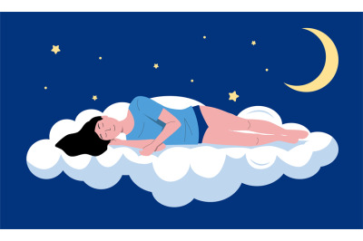 Sleeping person illustration. Cartoon sleeping and dreaming young girl