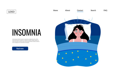 Insomnia landing. Web page template with awake girl character, sleeple