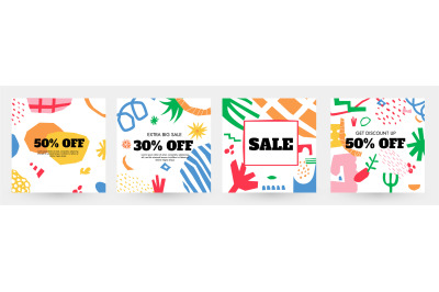 Sale banner with organic shapes. Discount labels with abstract chaotic