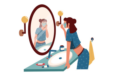 Woman looking at bathroom mirror. Morning girl hygiene and cosmetics r