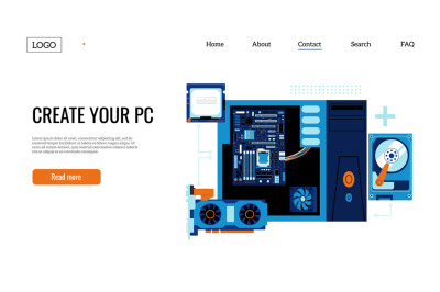 Gaming PC assembly landing. Personal computer components web page temp