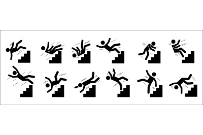 Stick man fall down. Black silhouette pictograms of people falling fro