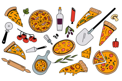 Doodle pizza ingredients. Colored national Italian cuisine food with c