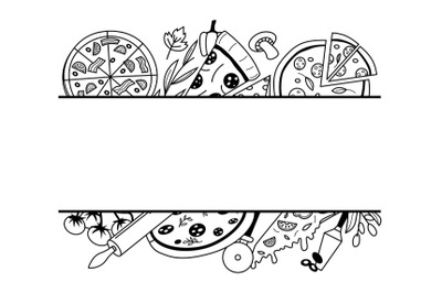 Doodle pizza frame. National Italian food ingredients border, pizza sl