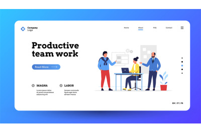 Teamwork landing page. Business team of office characters working toge