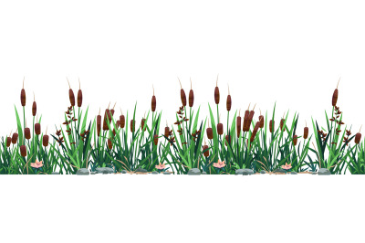 Cattail border. Seamless pattern of swamp reed plants, pond and river