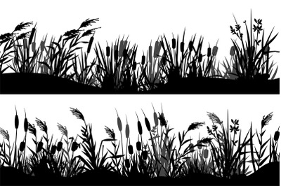 Reed silhouette. Black cattail grass strip border, marsh nature vegeta