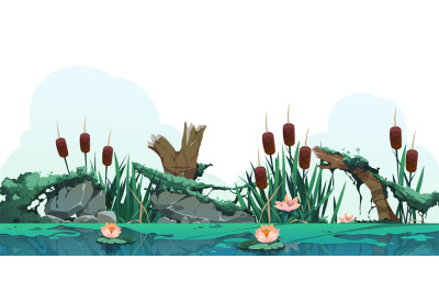 Swamp reed illustration. Cartoon marsh background with cattail plants,