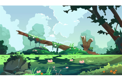 Swamp cartoon landscape. Forest background with marsh and lake, cartoo