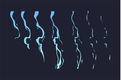 Lightning animation. Cartoon thunderbolt strike sprite frames for 2D g