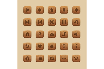 Wooden game UI buttons. Cartoon home screen interface and menu icons,