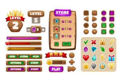 Game UI asset. Cartoon wooden menu interface elements, buttons icons p