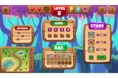 Cartoon game menu screen. Puzzle game background with interface elemen