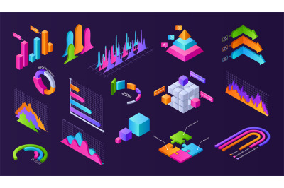 Dark isometric chart. 3d finance presentation layout with graphs chart