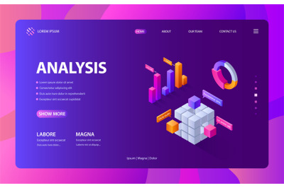 Isometric infographic landing. 3D data statistic and business chart we