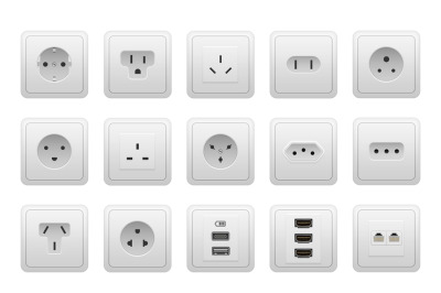 Realistic socket types. AC power wall socket mock up, USB hand drawnMI