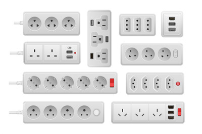 Power strip. Realistic electric wall socket extension, 3D AC current e