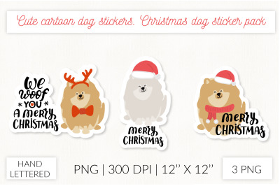 Christmas dog sticker set. Pomeranian Christmas stickers