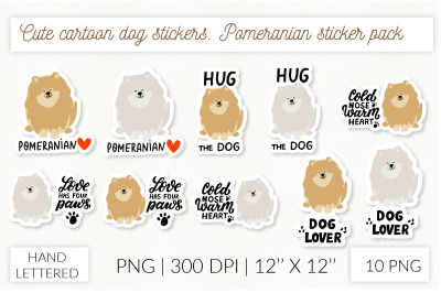 Cute cartoon dog sticker set. Pomeranian stickers
