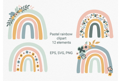 Boho Rainbow floral clipart set
