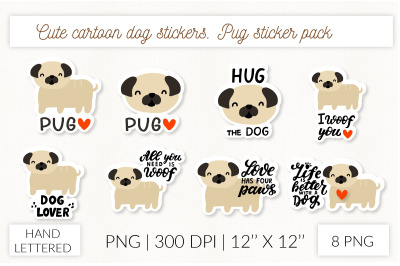 Cute cartoon dog sticker set. Puppy pug stickers