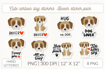Cute cartoon dog sticker set. Puppy boxer stickers