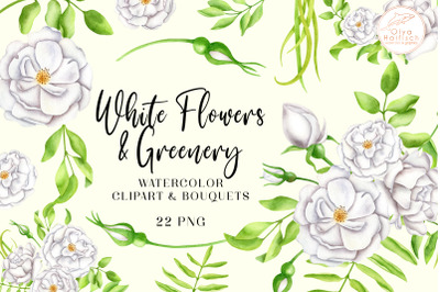 Watercolor White Flowers and Greenery Clipart. Floral Bouquets PNG