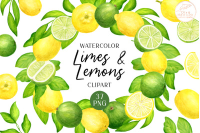 Watercolor Lemons and Limes Clipart. Summer Fruit Wreath, Frame PNG