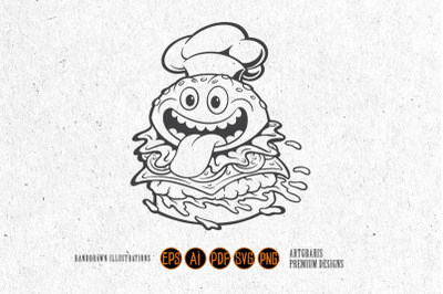 Funny delicious tacos with chef hat monochrome svg