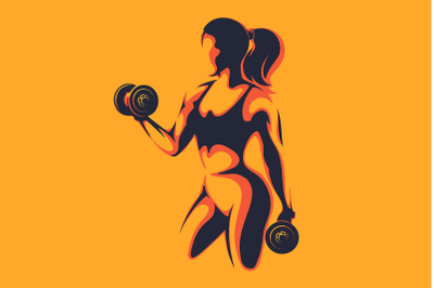Athletic Woman with Dumbells Fitness Emblem solated on yellow