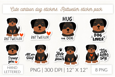 Cute cartoon dog sticker set. Puppy rottweilerstickers