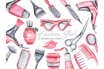 Watercolor fashion clipart - 23 png files. Beauty salon set