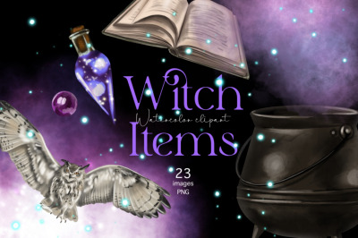 Watercolor Magic Clipart, Magic School Witch and Wizard Supplies