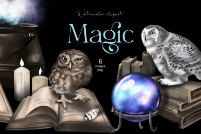 Watercolor Magic Clipart, Owl Witch and Wizard Supplies