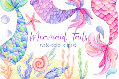 Watercolor mermaid tail clipart | undersea animal png bundle.