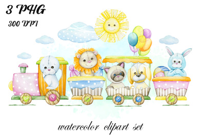 tropics watercolor clipart, trains, balloons, sun, cute animals clipar