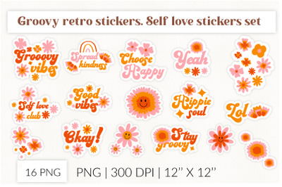 Groovy stickers, 70s Retro stickers. Summer hippie flower stickers bun