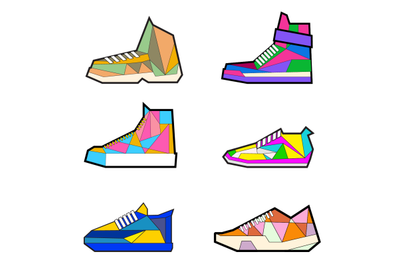 Collection of triangular sneakers, modern design for running jogging,