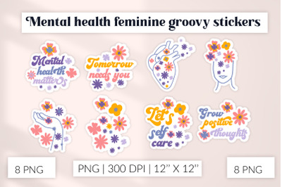 Mental health stickers. Feminine Groovy flower stickers 70s