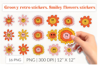 Groovy stickers, Retro flowers cartoon smiley stickers.