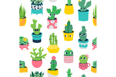 Cactus seamless pattern. Cute potted plants with smiling faces. Botani