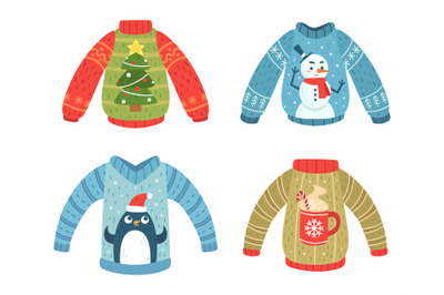 Cartoon christmas party jumpers for winter holiday celebration. Knitte